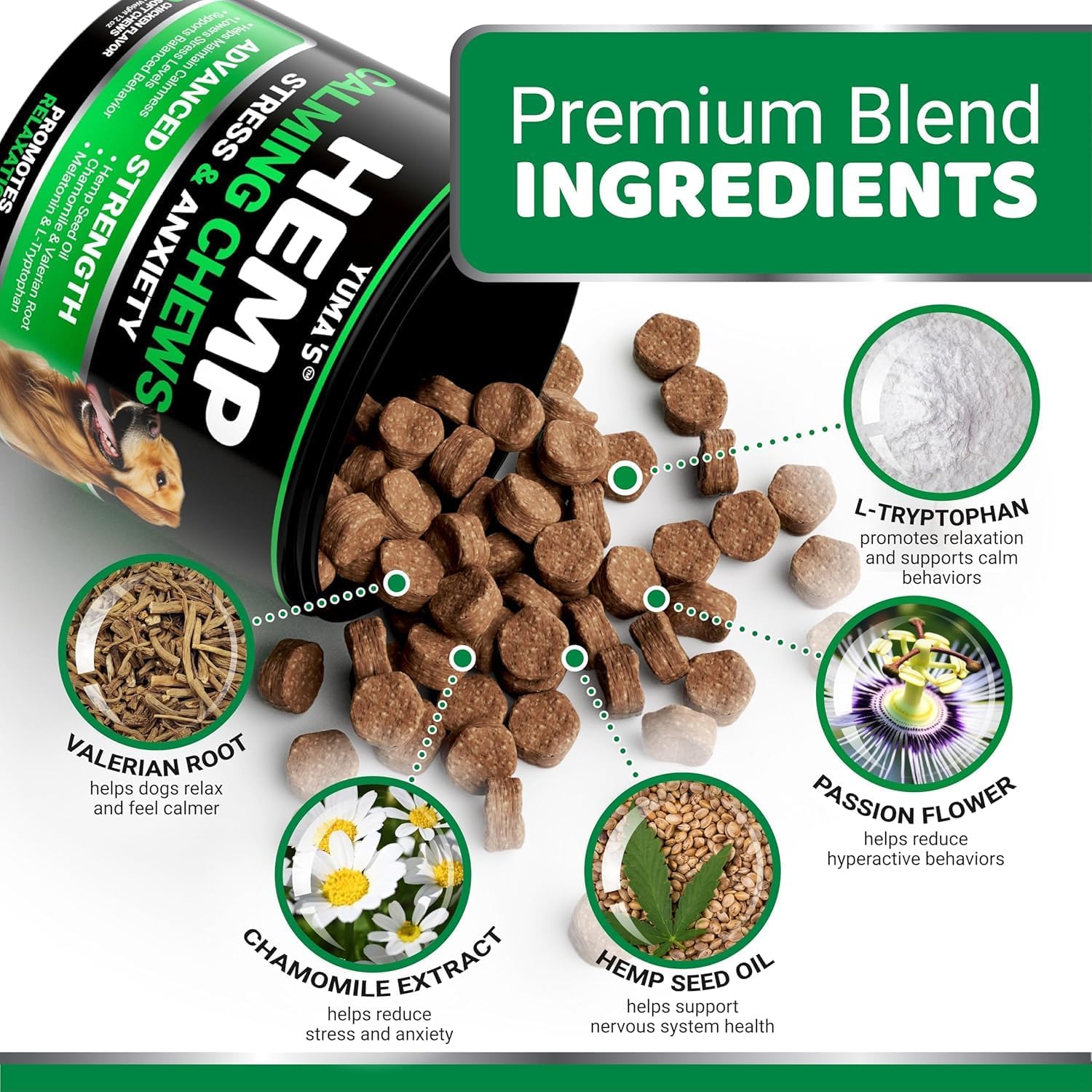 Premium pet calming chews detailing glucosamine and chondroitin for joint support.