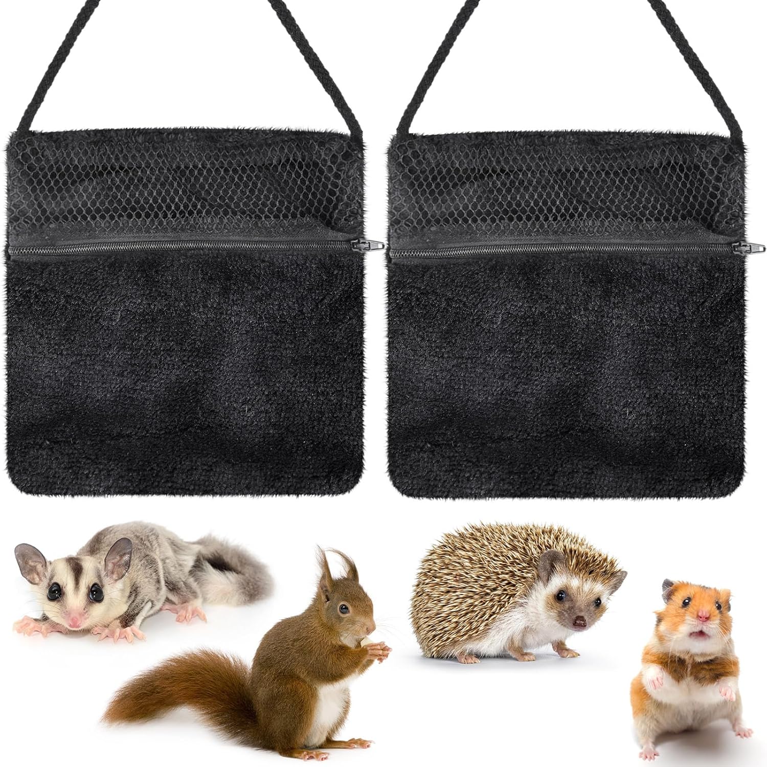 Sweetude 2 Pcs Sugar Glider Pouch Breathable Carrying Bonding Pouch Soft Hamster Carrier with Strap Zipper Small Animal Travel Sleeping Bag Cage Accessories for Rat Reptile Other Small Pets(Black) - Image 1
