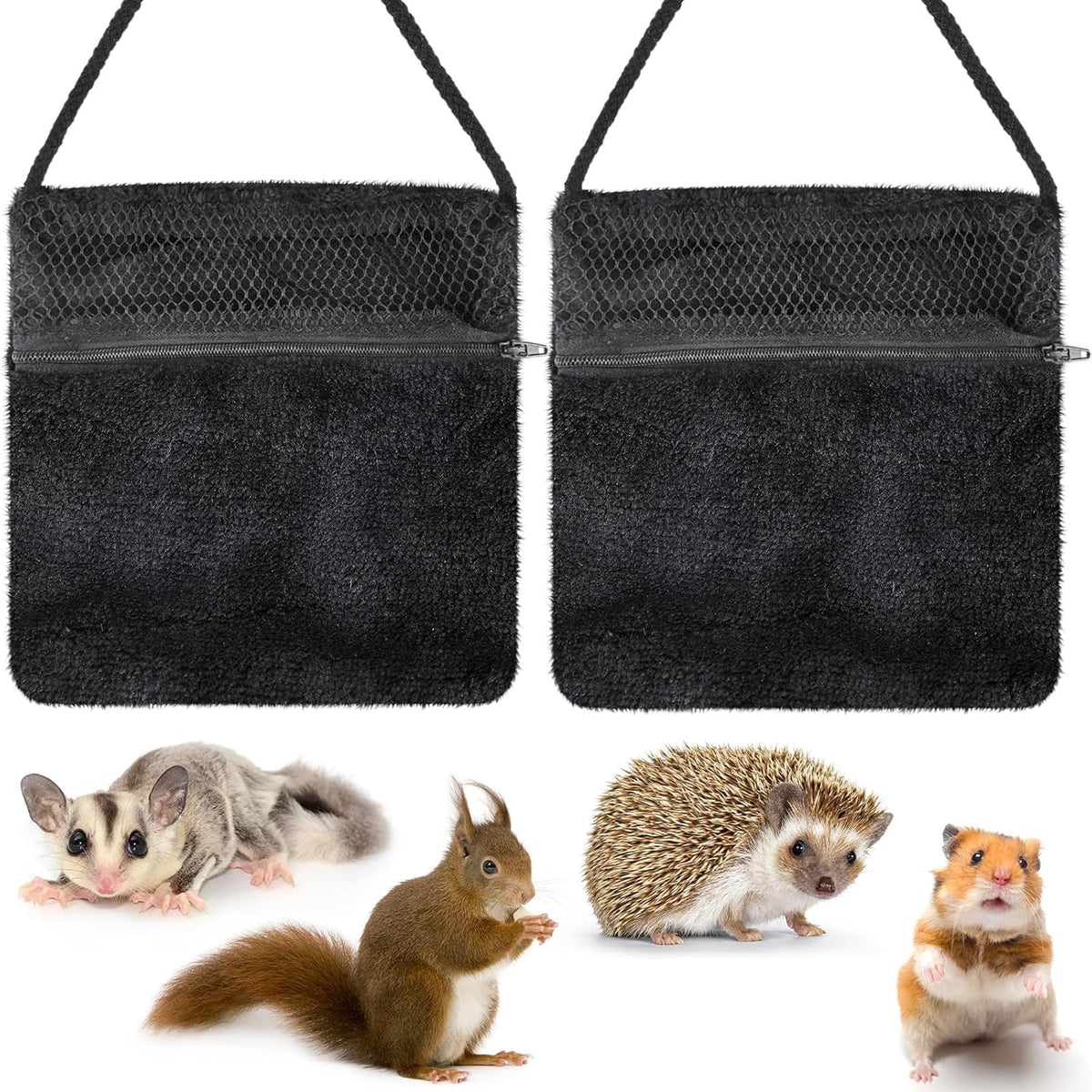 Sweetude 2 Pcs Sugar Glider Pouch Breathable Carrying Bonding Pouch Soft Hamster Carrier with Strap Zipper Small Animal Travel Sleeping Bag Cage Accessories for Rat Reptile Other Small Pets(Black) - Image 1