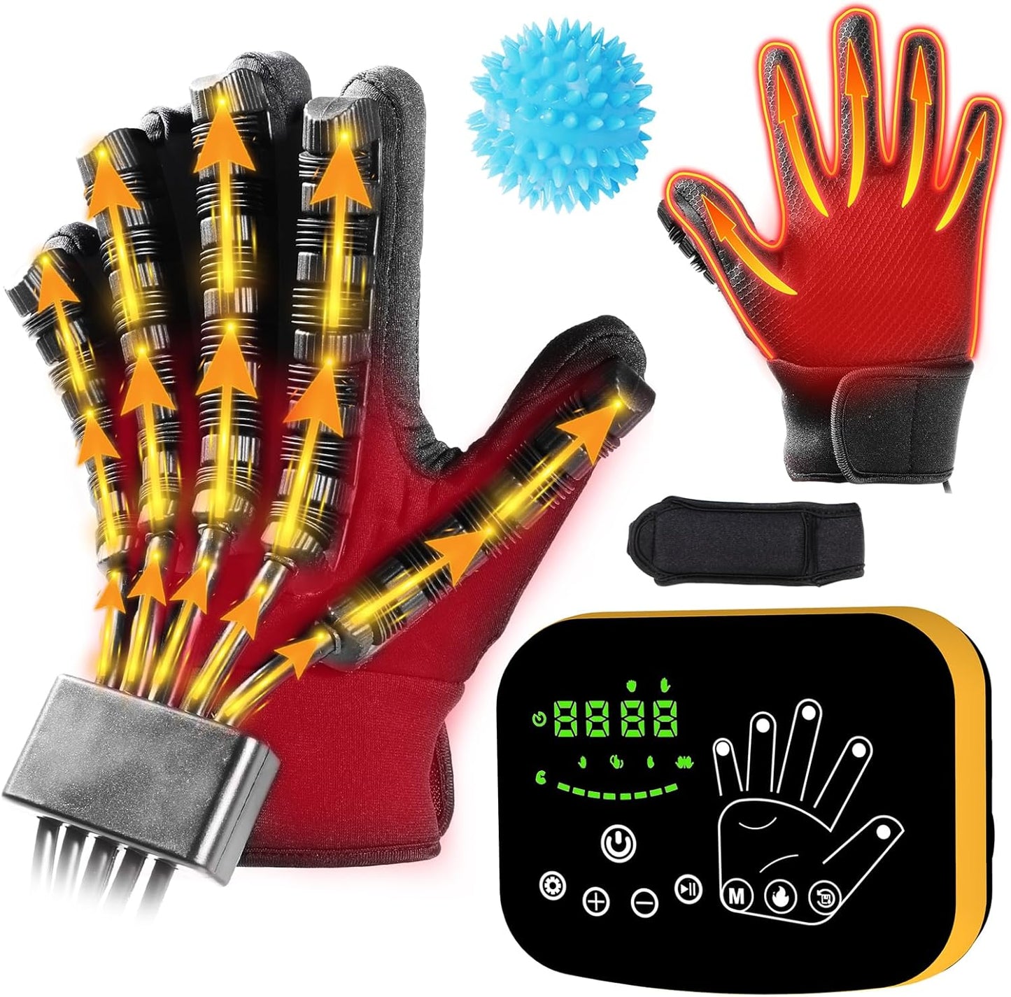 MZU Heated Rehabilitation Robot Glove front view showing LED control screen for stroke therapy.