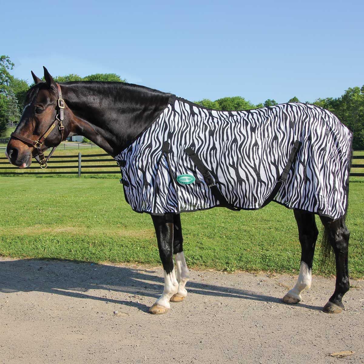 Side view of Country Pride horse turnout blanket highlighting the breathable zebra stripe mesh material.
