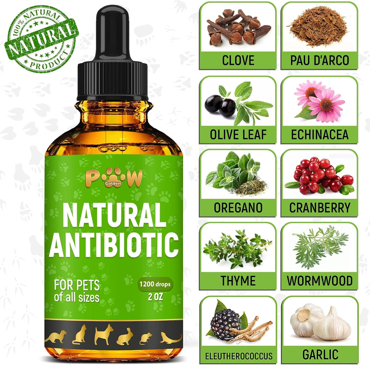 Back label of Golden Paw pet supplement displaying natural ingredients list