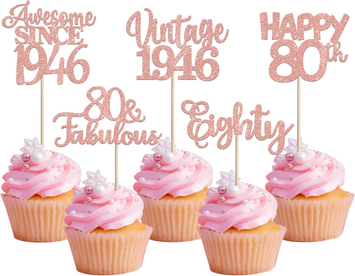 Rsstarxi vintage 1946 rose gold glitter cupcake toppers front view