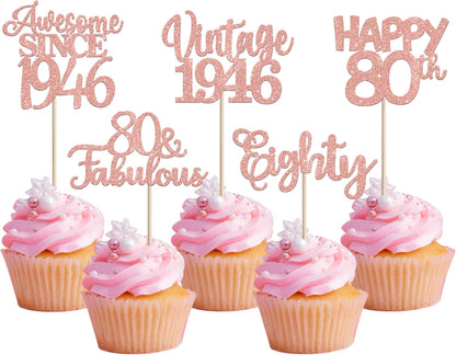 Rsstarxi vintage 1946 rose gold glitter cupcake toppers front view