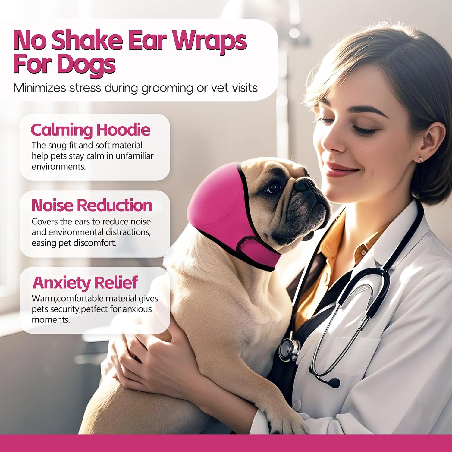 Rose red small JynixTail pet anxiety relief ear wrap designed for fireworks protection.