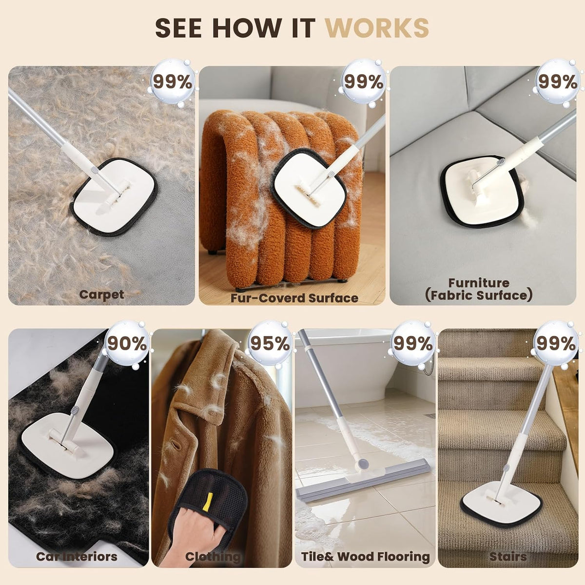Rubber squeegee attachment sweeping fur on hard floor
