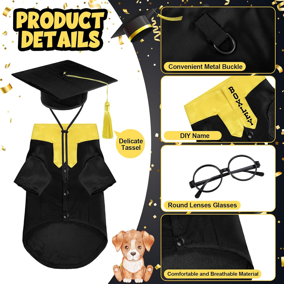 Huhumy 5 pieces puppy graduation clothing with round lensless glasses accessory
