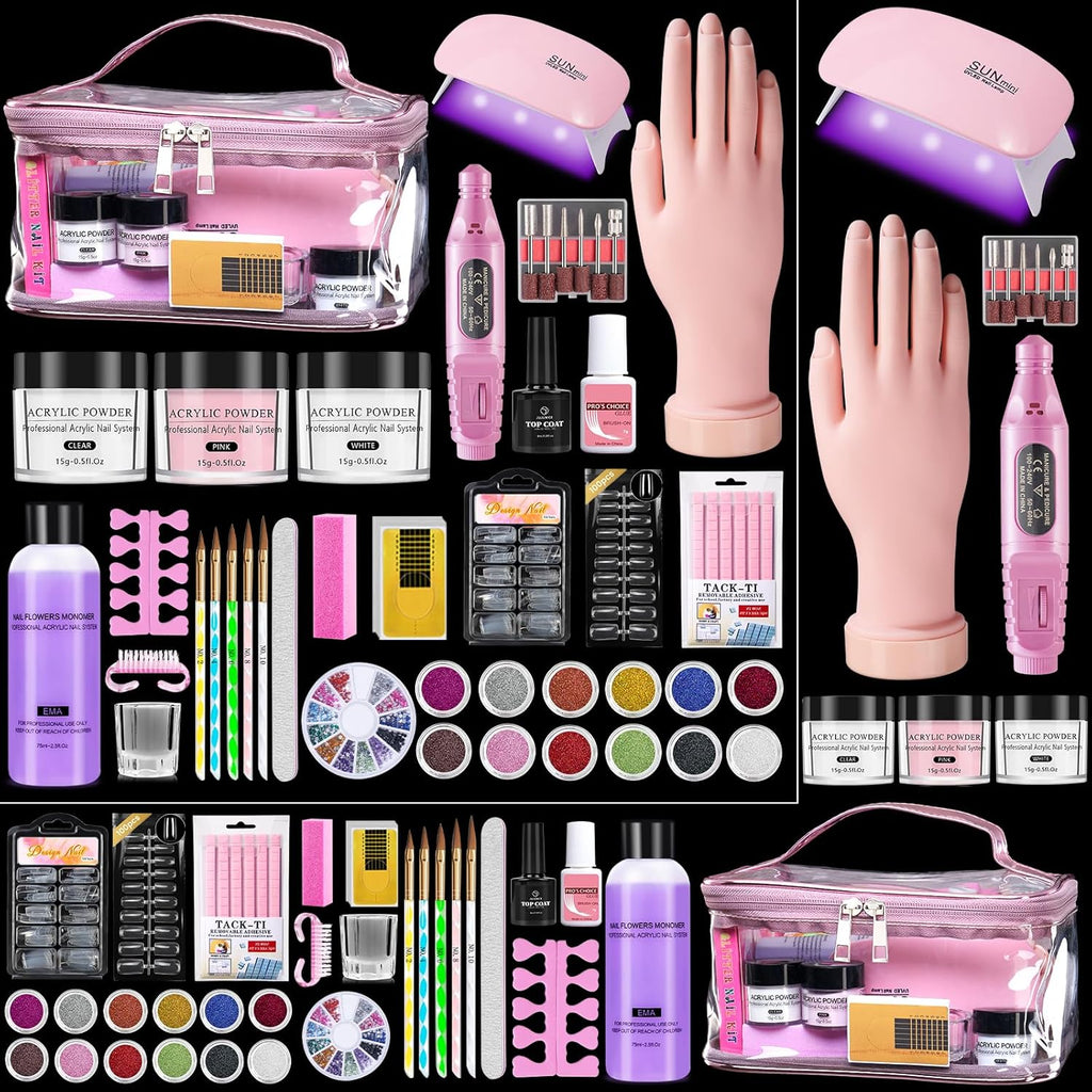 Yokilly acrylic nail kit front view showcasing the pink cosmetic bag and contents