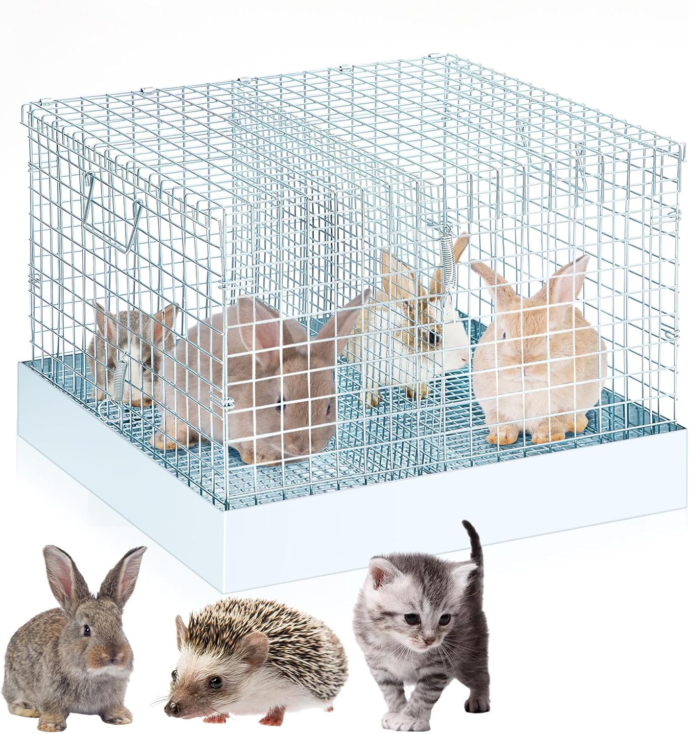 DoubleFill 2 Hole Foldable Rabbit Transport Cage, 18 x 18 x 14 in Portable Metal Bunny Carrier with Tray & Handles for Travel Temporary, Small Animal Cage for Guinea Pigs Hamster Indoor Outdoor - Image 9