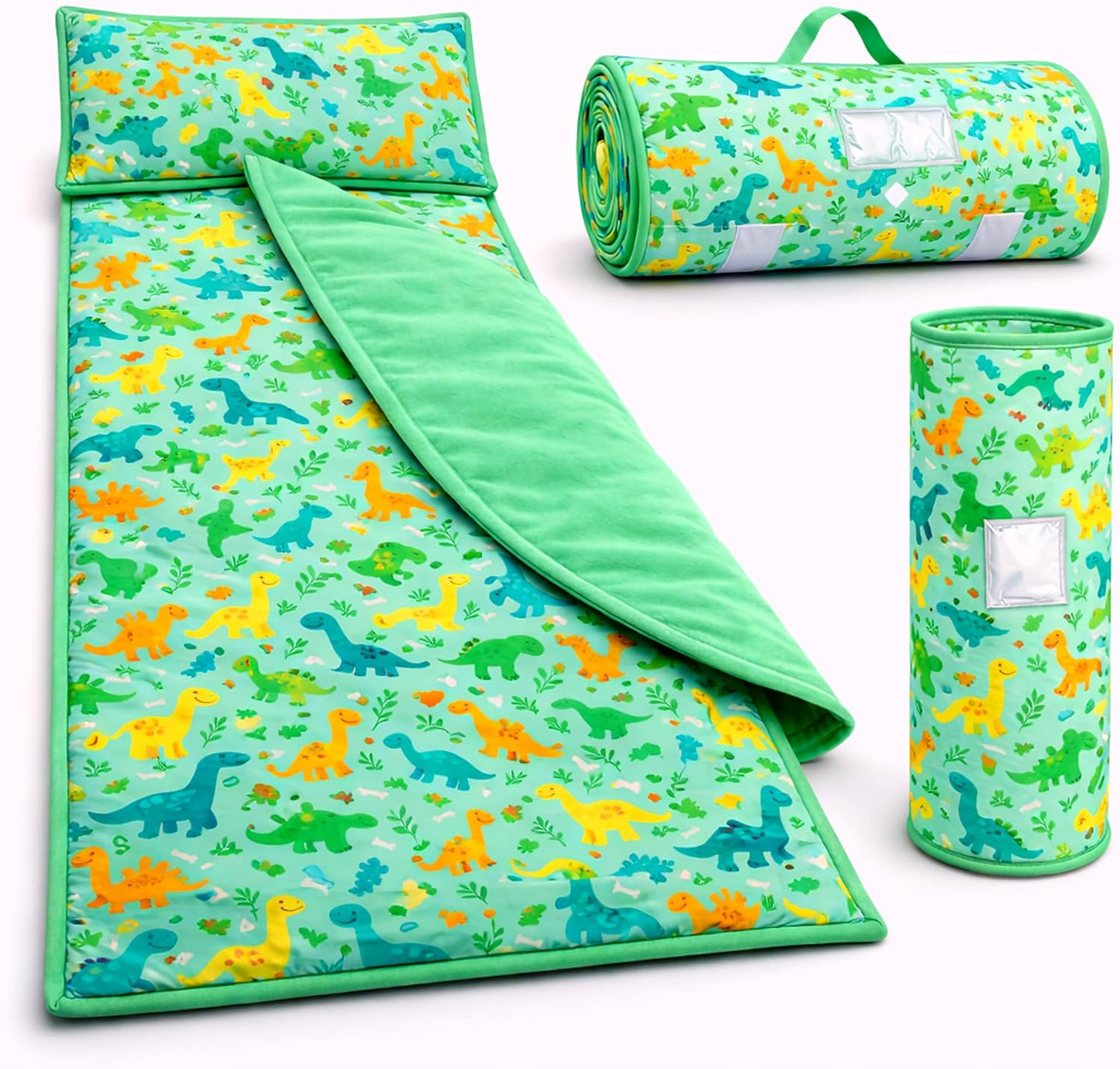 YHROI toddler nap mat front view showing the green dinosaur land pattern and attached blanket.
