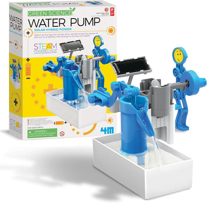 4M Green Science Hybrid Solar Power Water Pump kit front packaging view featuring the assembled STEM toy