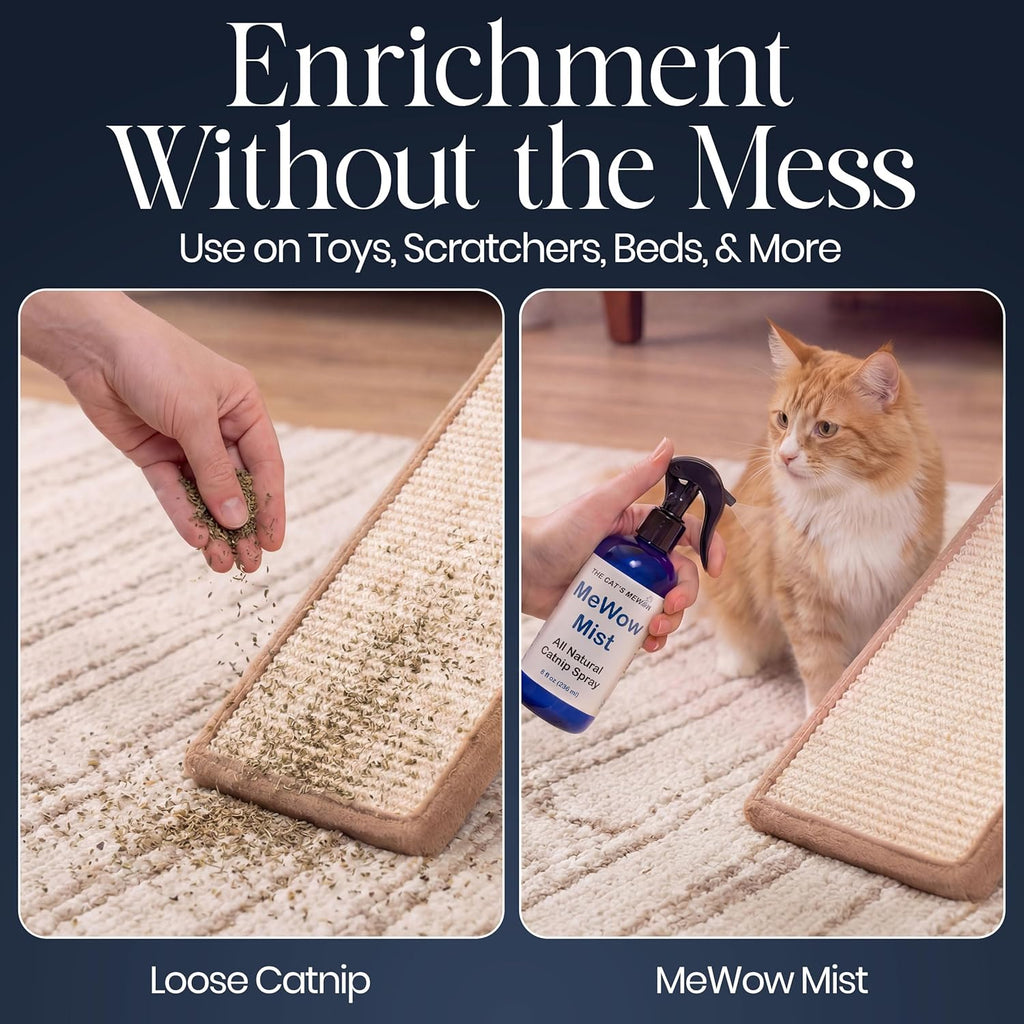 Premium eight fluid ounce cat enrichment mist showing clear ingredient label