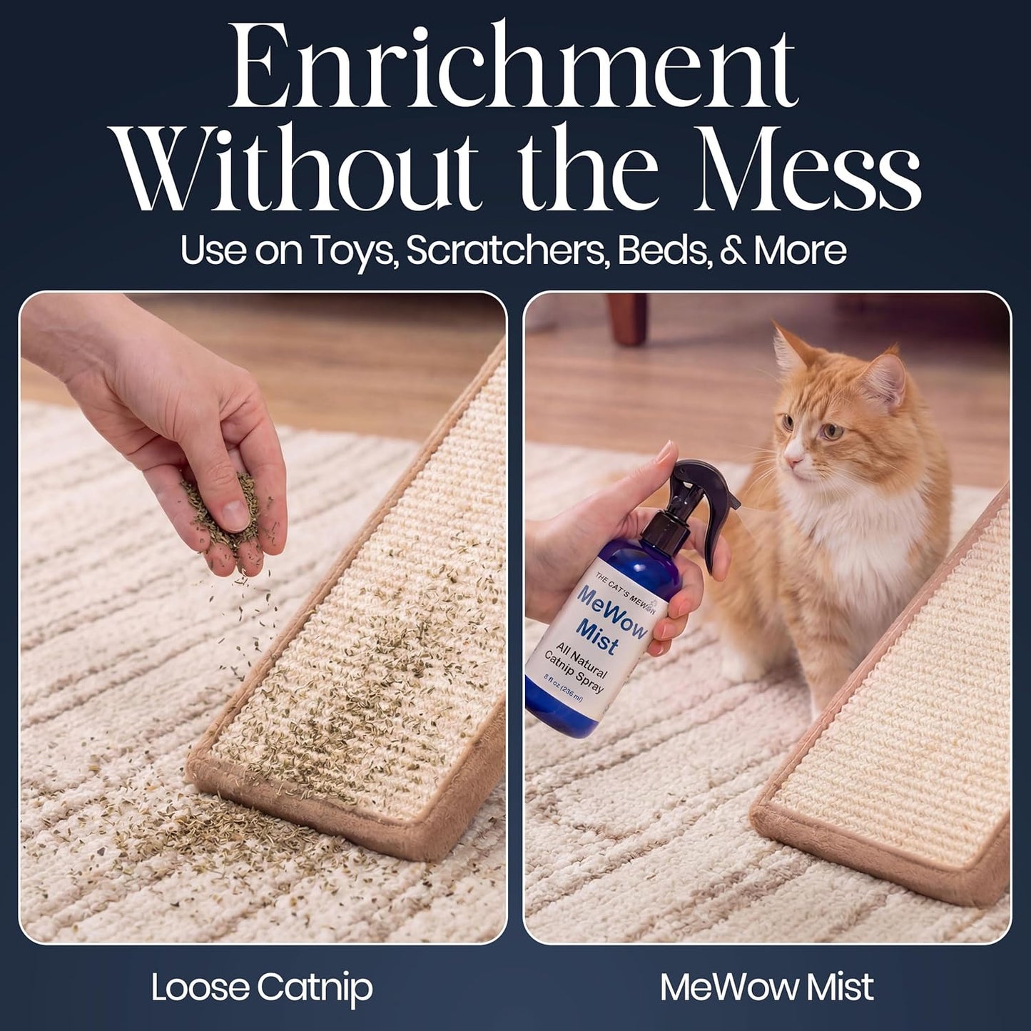 Premium eight fluid ounce cat enrichment mist showing clear ingredient label