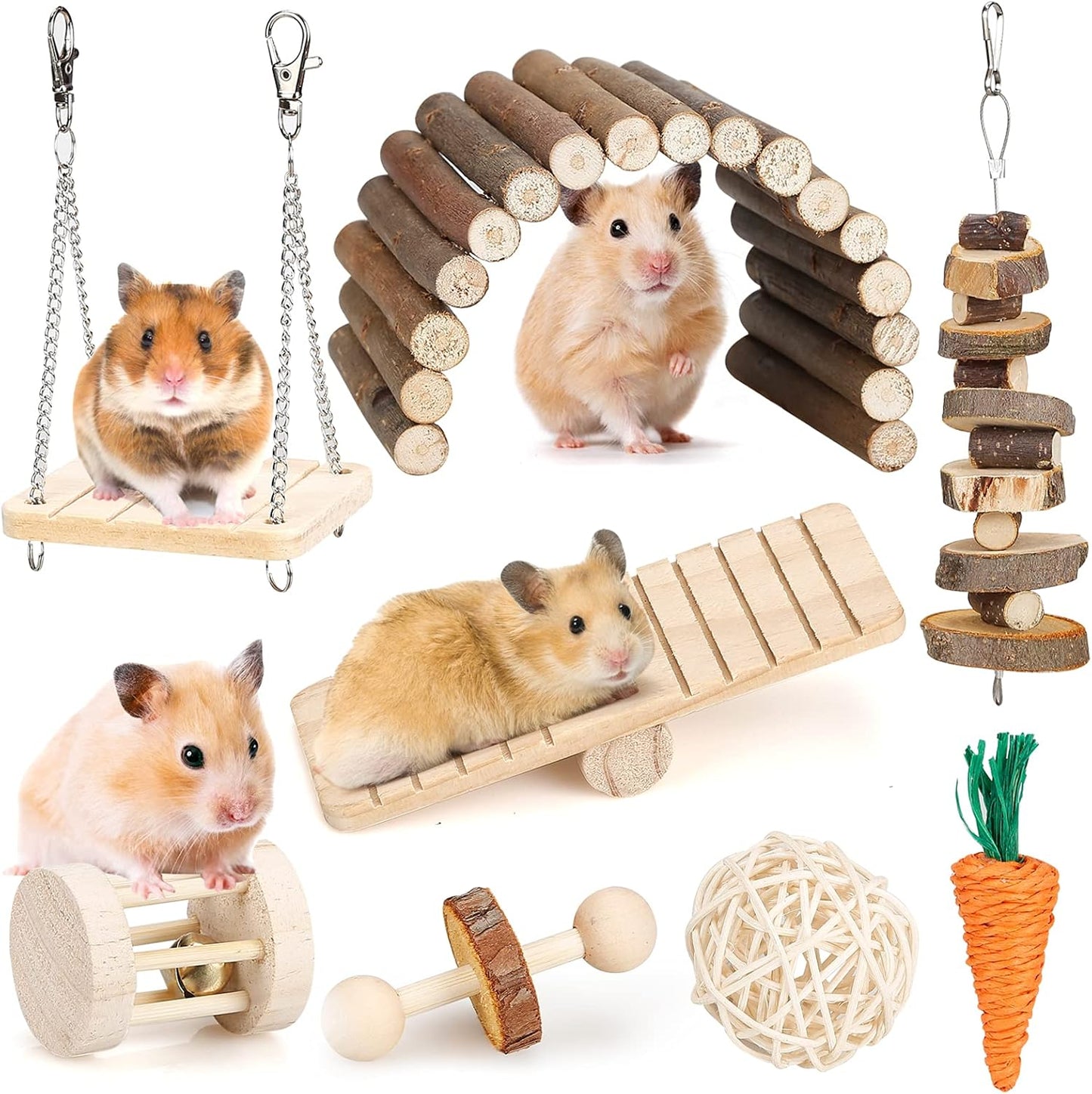 BBjinronjy hamster chew toys set front view showing complete eight piece natural wood assortment.