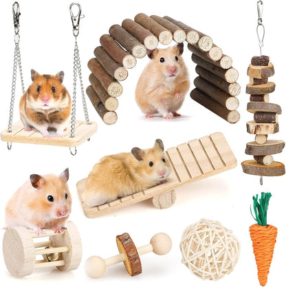 BBjinronjy hamster chew toys set front view showing complete eight piece natural wood assortment.