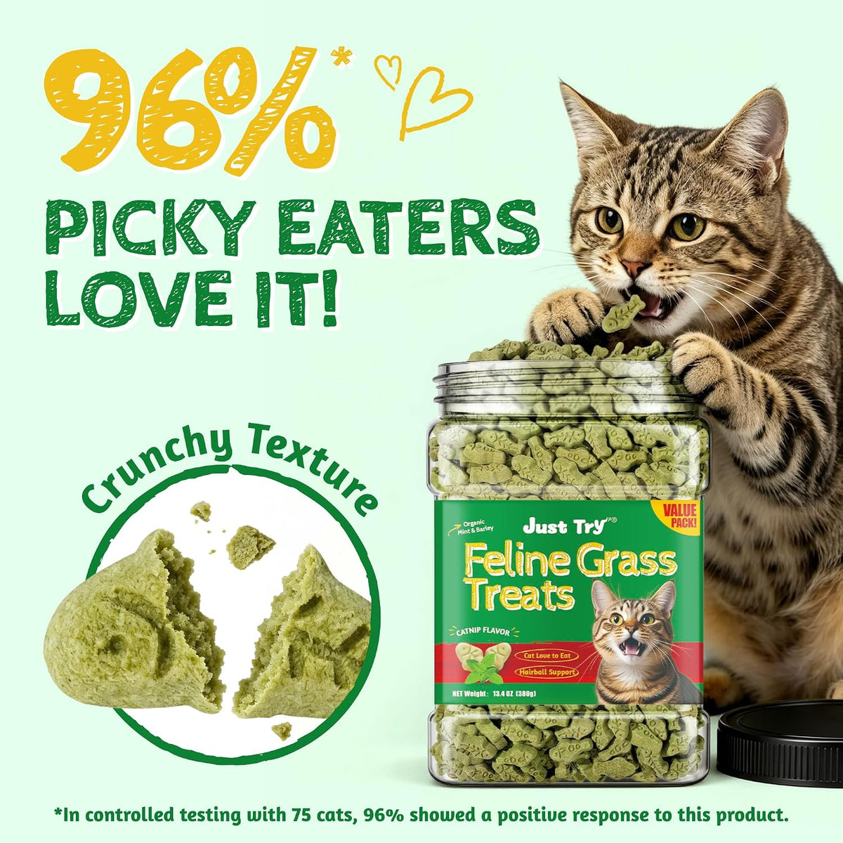 Just Try Cat Grass Treats for Indoor Cats Hairball Control 13.4 OZ - Image 3