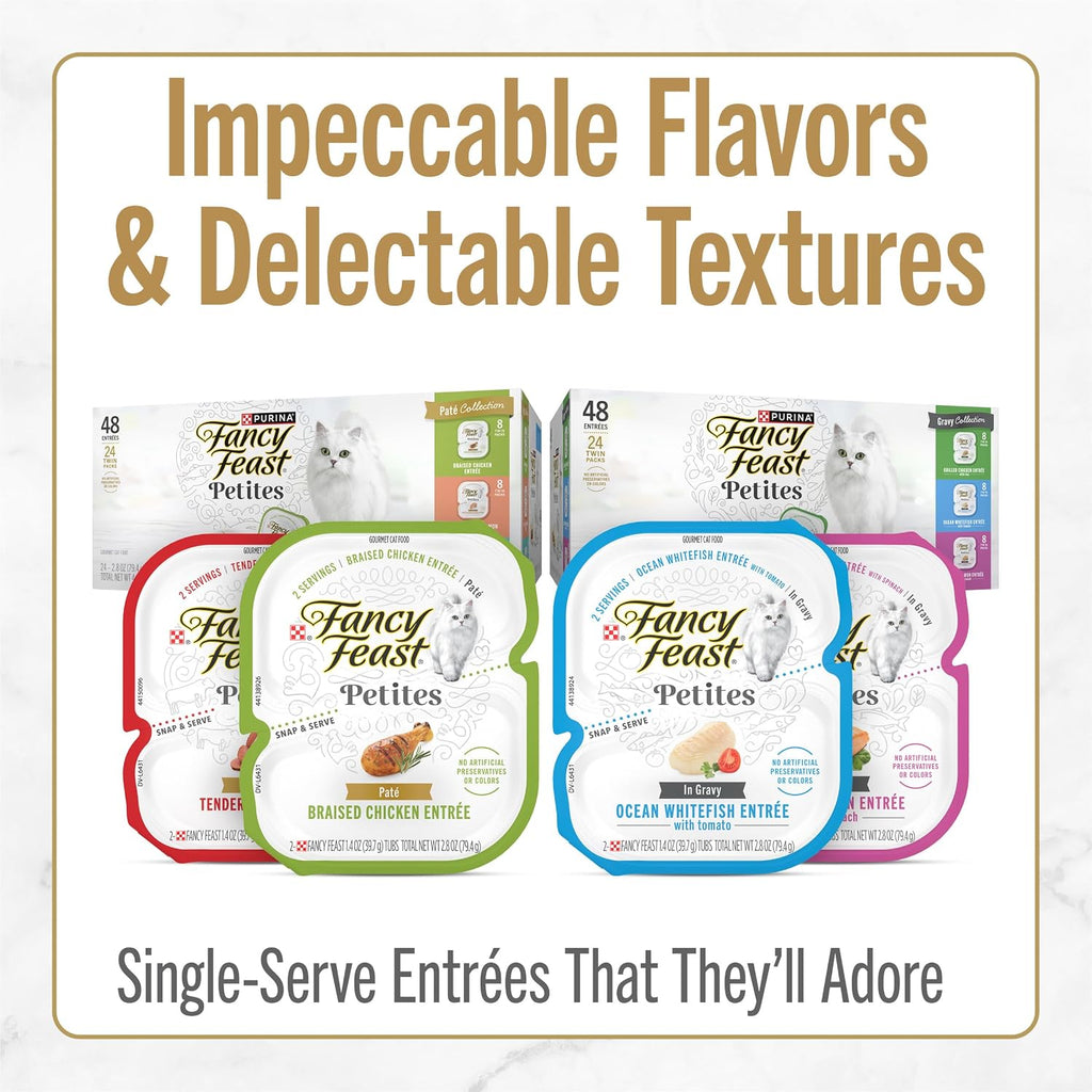 Single open tub of Purina Fancy Feast Petites gourmet cat food
