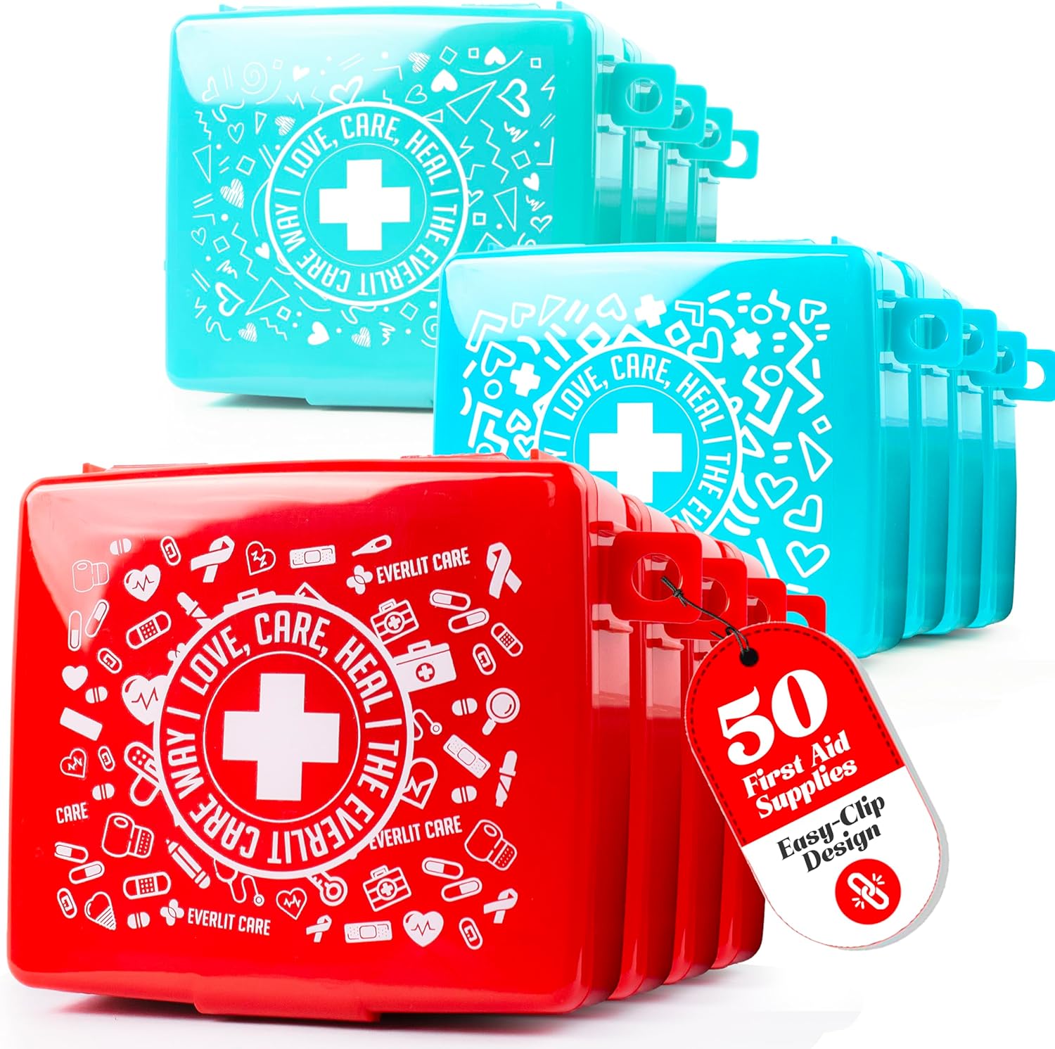 EVERLIT CARE Pocket-Aid Mini First Aid Kit front view showing red hard shell case.