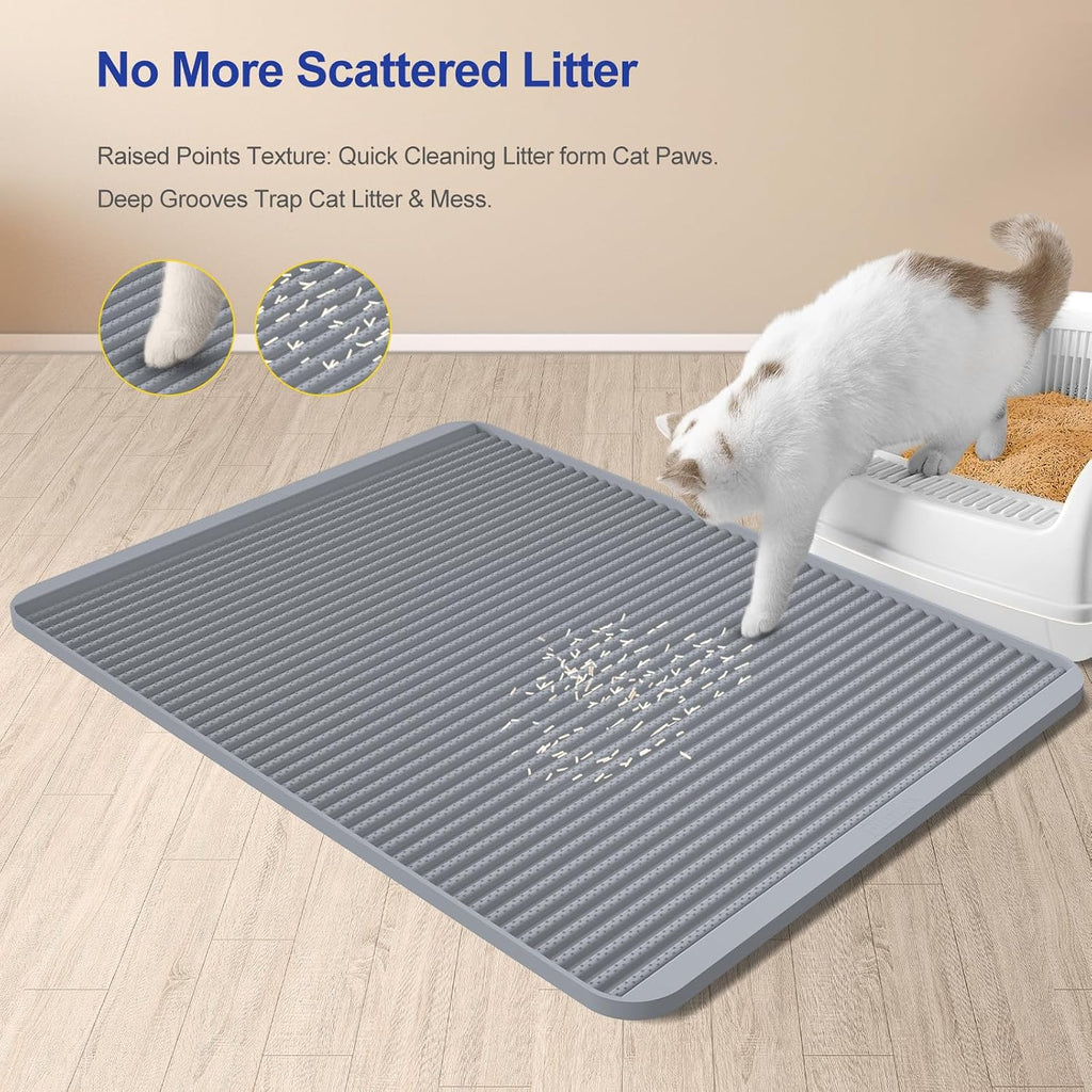 Large waterproof cat litter box mat laid out flat on a wooden floor.
