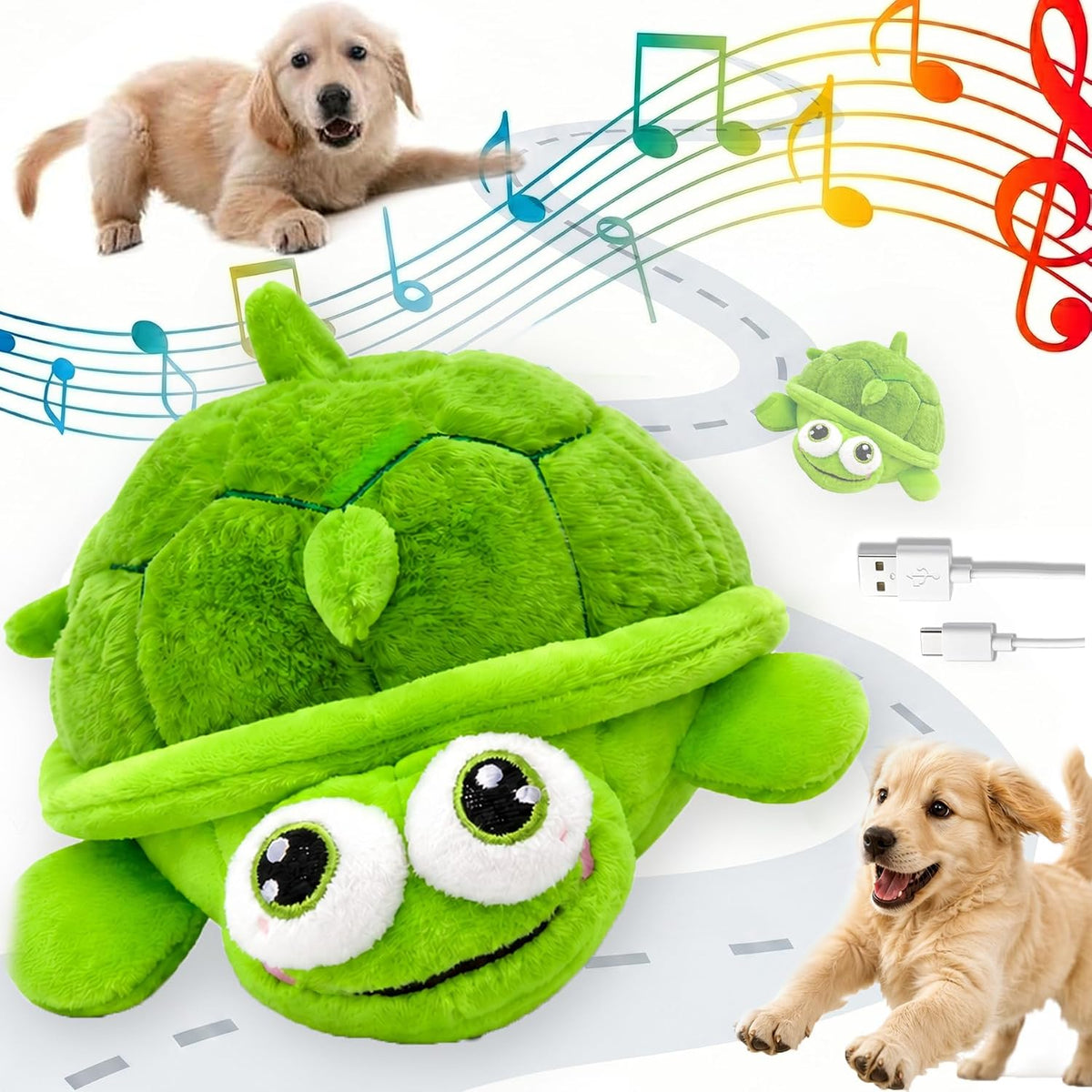 LetsShave Interactive Moving Dog Toy Turtle front view showing big cartoonish eyes and green plush shell