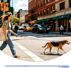 Large breed dog walking with Wisedog navy leash
