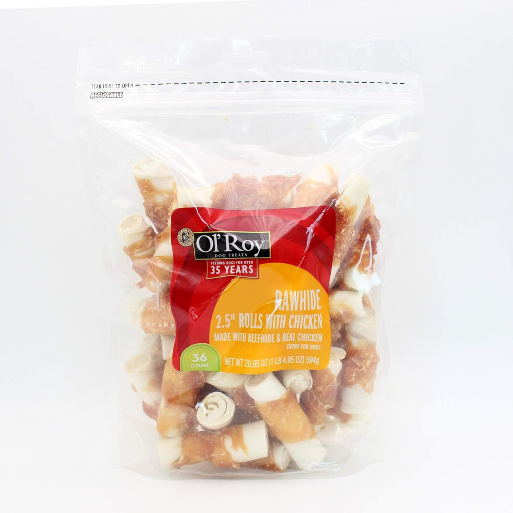 Ol' Roy Rawhide 2.5 Inch Roll With Chicken Dog Treats packaging front view showing 36 count bag