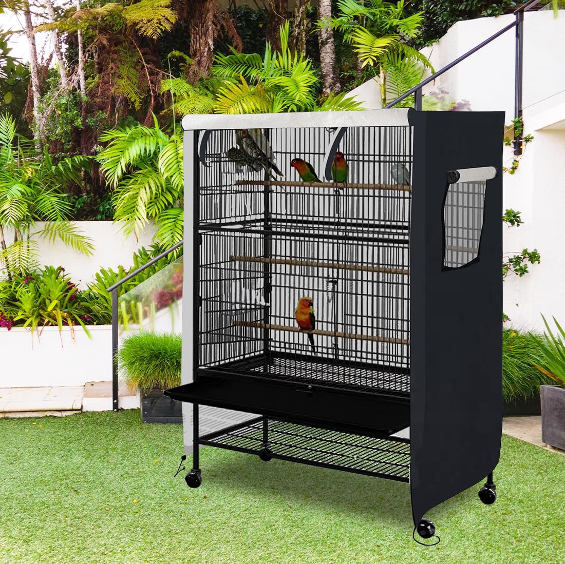 Folded Deckaly nylon bird cage cover demonstrating compact storage capability.