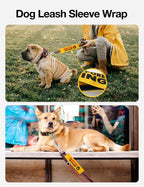 Yellow pet alert wrap with hanging identification patch attached to a black dog leash.