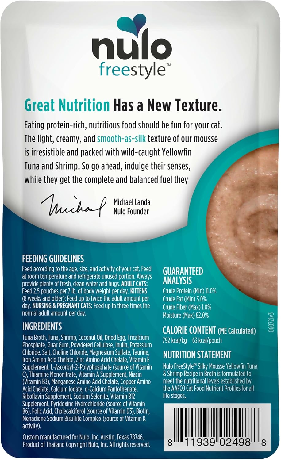 Nulo Freestyle wet cat food 2.8 ounce pouch nutritional information display
