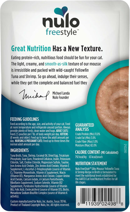 Nulo Freestyle wet cat food 2.8 ounce pouch nutritional information display