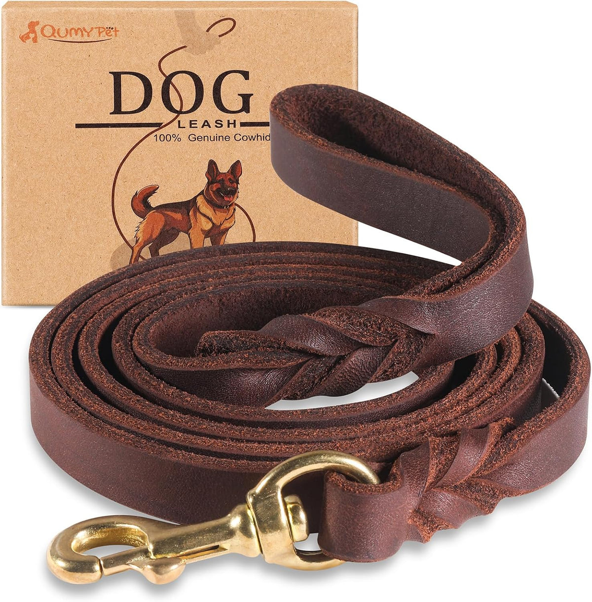 QUMY Leather Dog Leash 6ft front view of premium brown cowhide training lead
