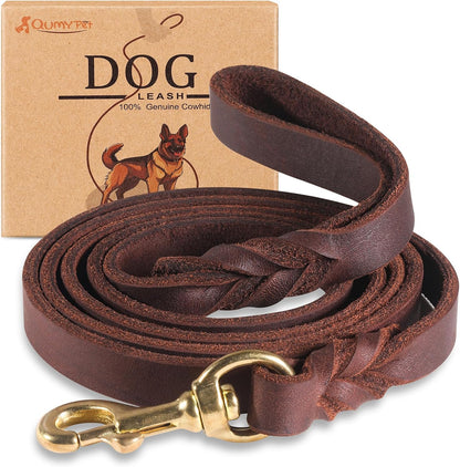 QUMY Leather Dog Leash 6ft front view of premium brown cowhide training lead