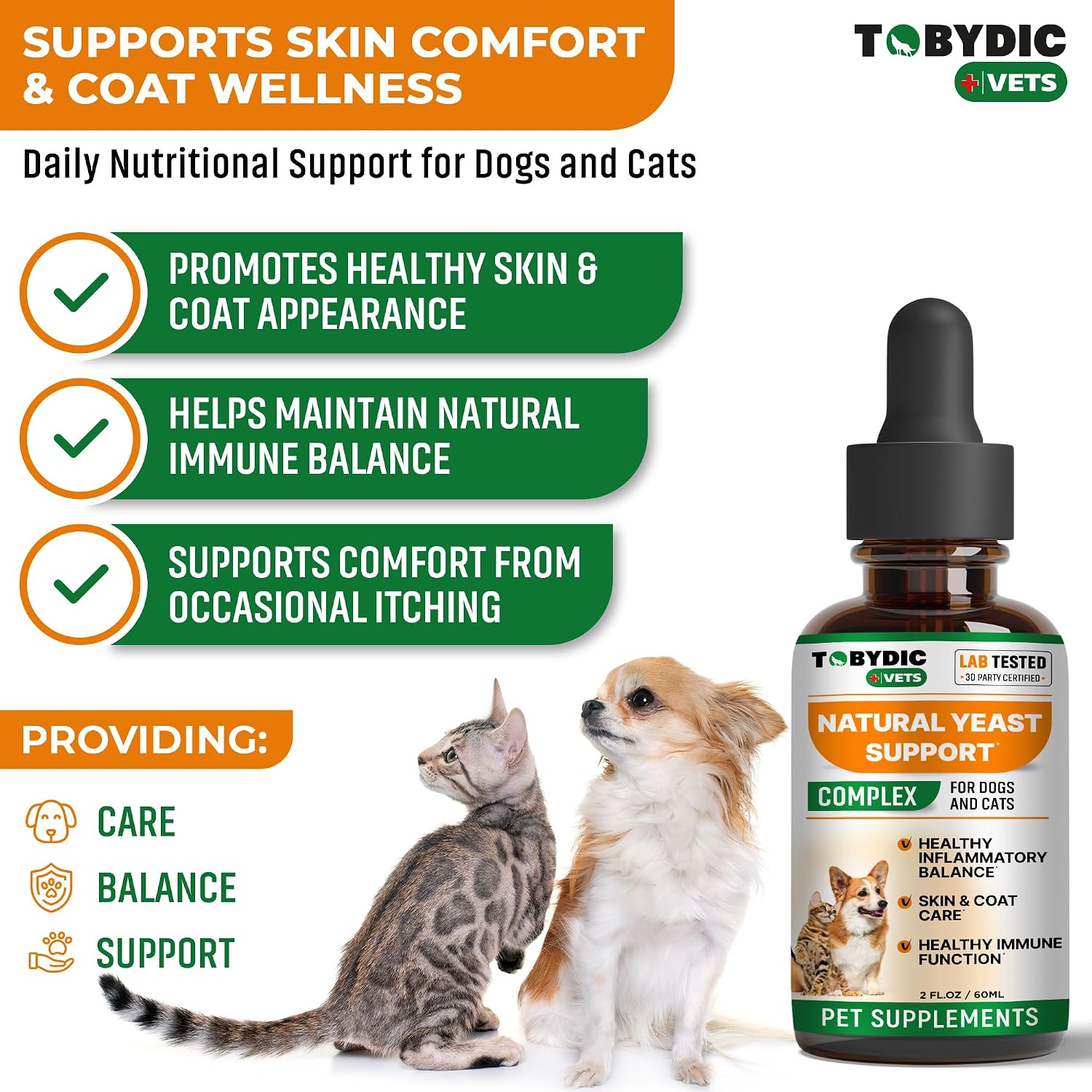 Tobydic pets yeast infection relief herbal supplement bottle showing lab tested badge