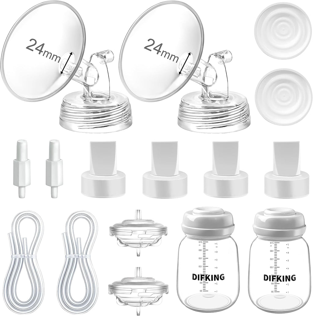 Difking pump parts compatible with Spectra breast pump replacement kit front view showing flanges and valves.