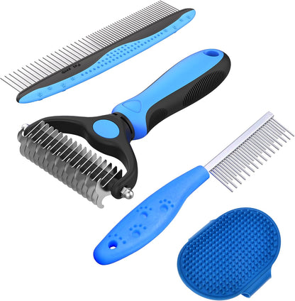 Jigfew 4 pack pet grooming combo blue deshedding brush front view