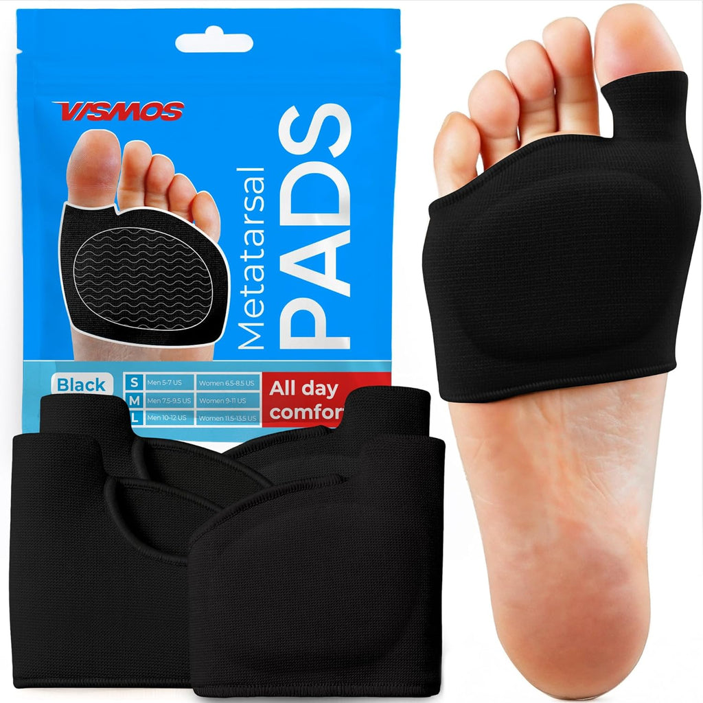 VISMOS Metatarsal Pads front view showcasing black fabric sleeve and gel cushioning for foot pain relief.