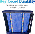 Close up of the royal blue horse fly boots highlighting the breathable fabric and reflective strips.