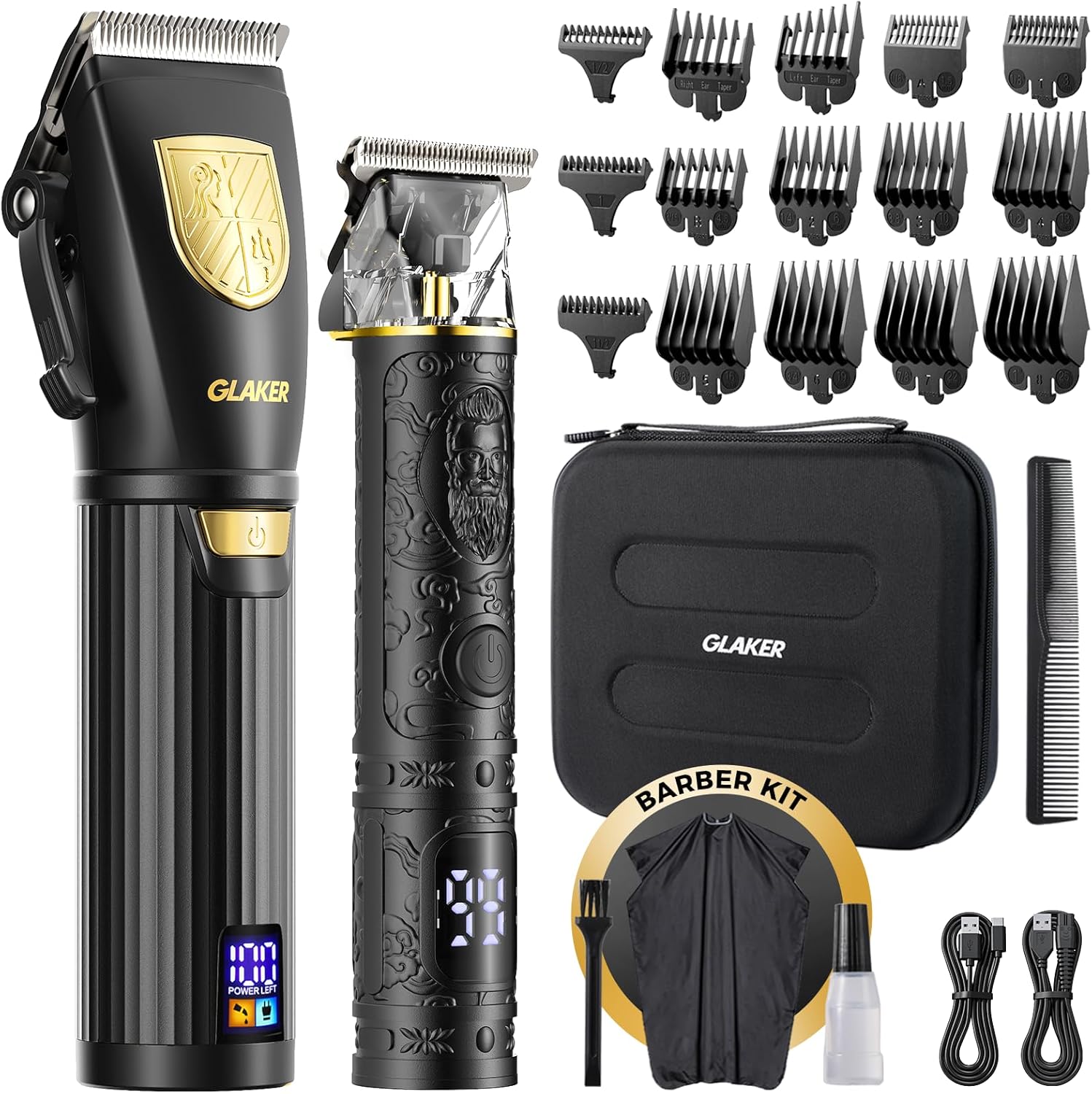 GLAKER professional hair clippers and trimmer kit front view showing black and gold finish