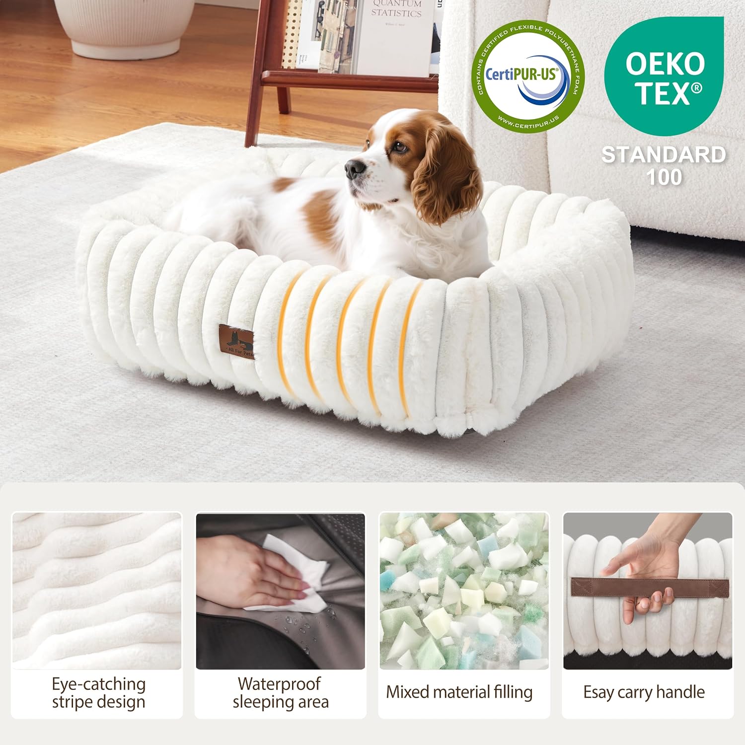 Side profile of Warmrest rectangular pet sofa with raised bolsters