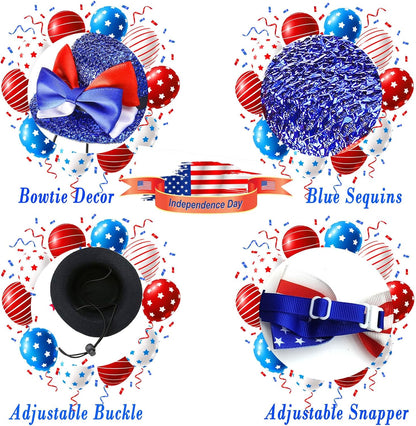 A small rabbit wearing the blue sequined Uncle Sam hat and matching red white and blue bow tie collar.