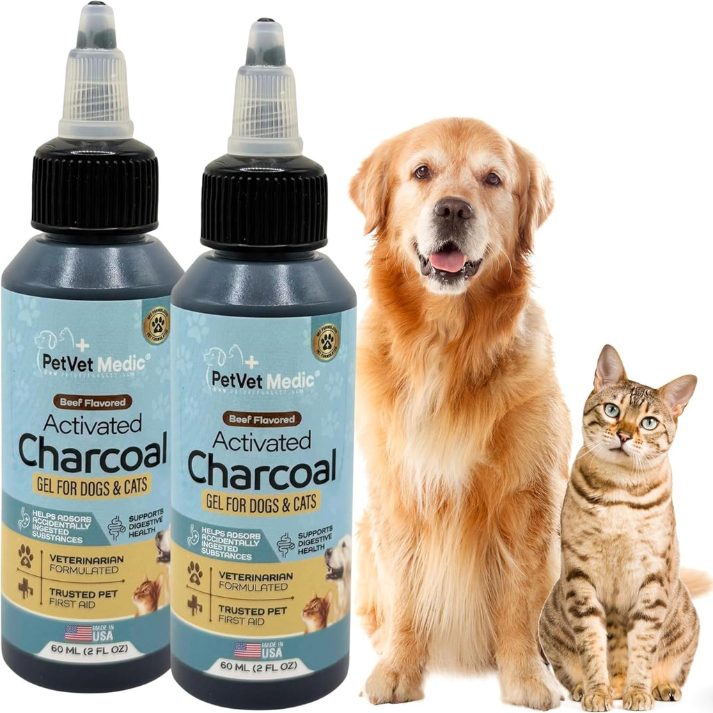 Beef flavored activated charcoal gel bottle next to pet supplies