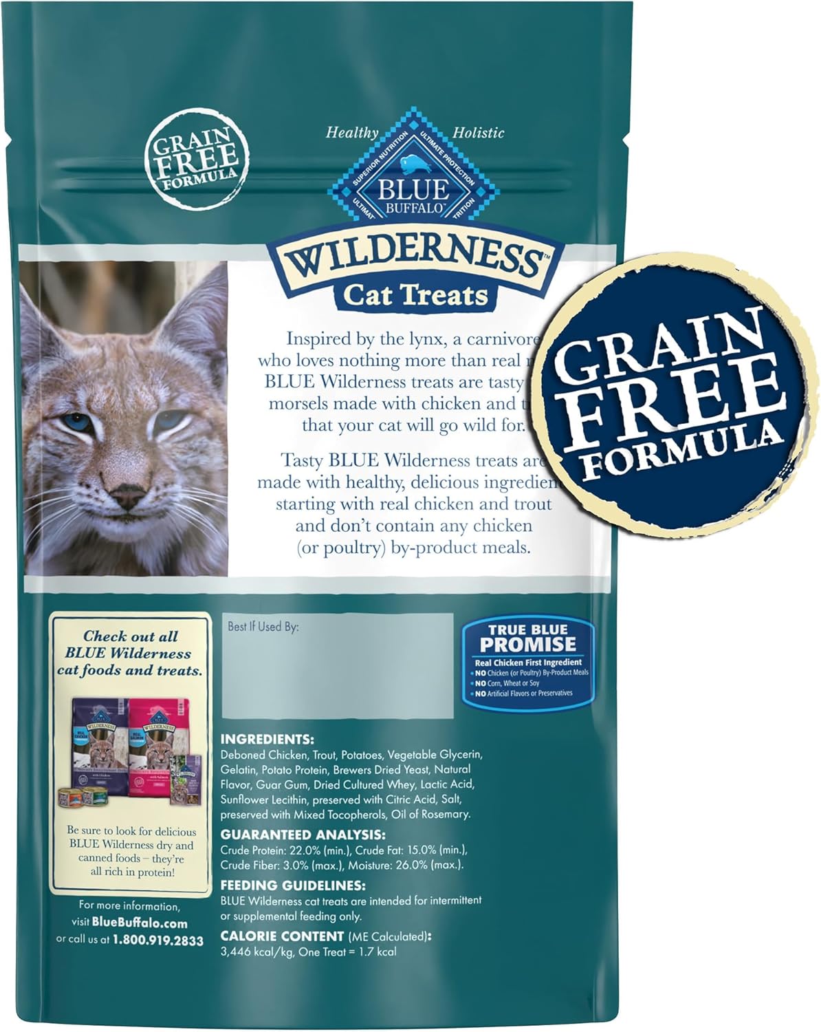Blue Buffalo grain-free chicken and trout cat treats packaging