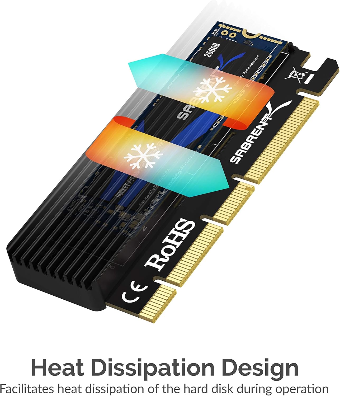 Angled view of the assembled Sabrent aluminum heatsink storage adapter showing the secure fit design