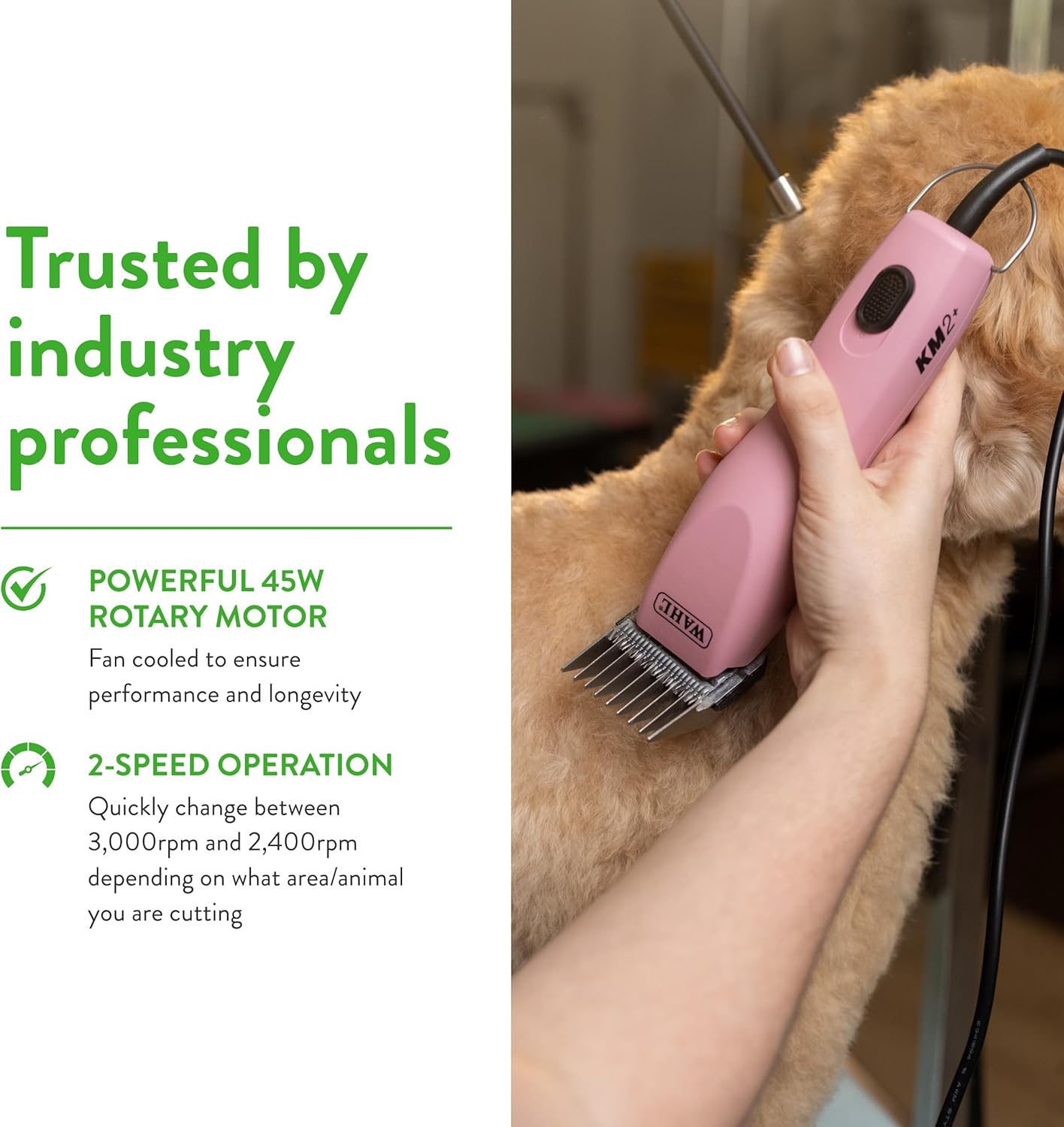 Wahl KM2 Plus corded pet grooming tool being prepped with detachable blade system components