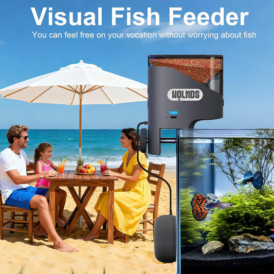 Smart aquarium feeder with 2.5K HD camera displaying live app preview on smartphone