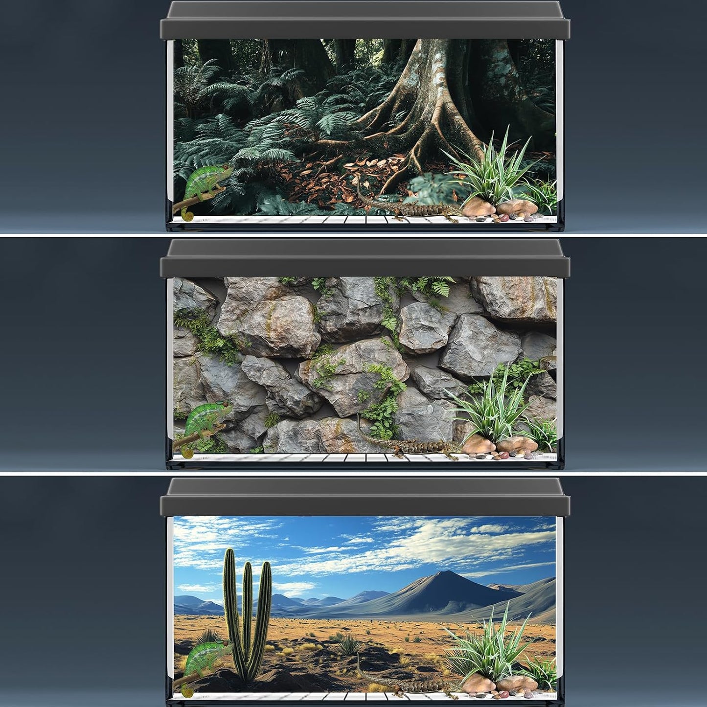 Water resistant polyester habitat backdrop for snake and lizard terrariums.