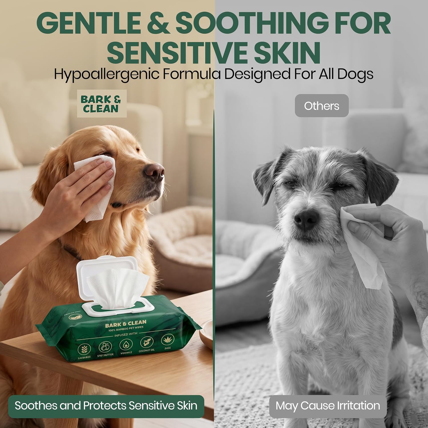 Back label of Bark And Clean dog wipes showing usage instructions and product details.