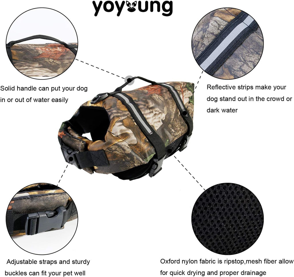 Yoyoung camouflage dog life vest side profile highlighting adjustable buckles