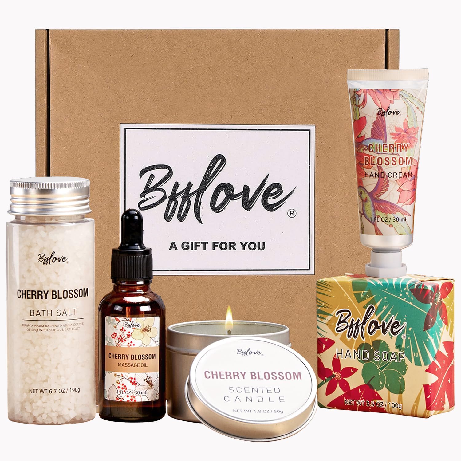BFFLOVE 5 piece cherry blossom spa gift set front view