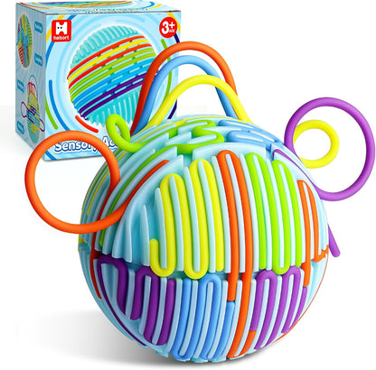 Helsort sensory fidget activity ball toy front view with colorful strings woven through the blue plastic sphere